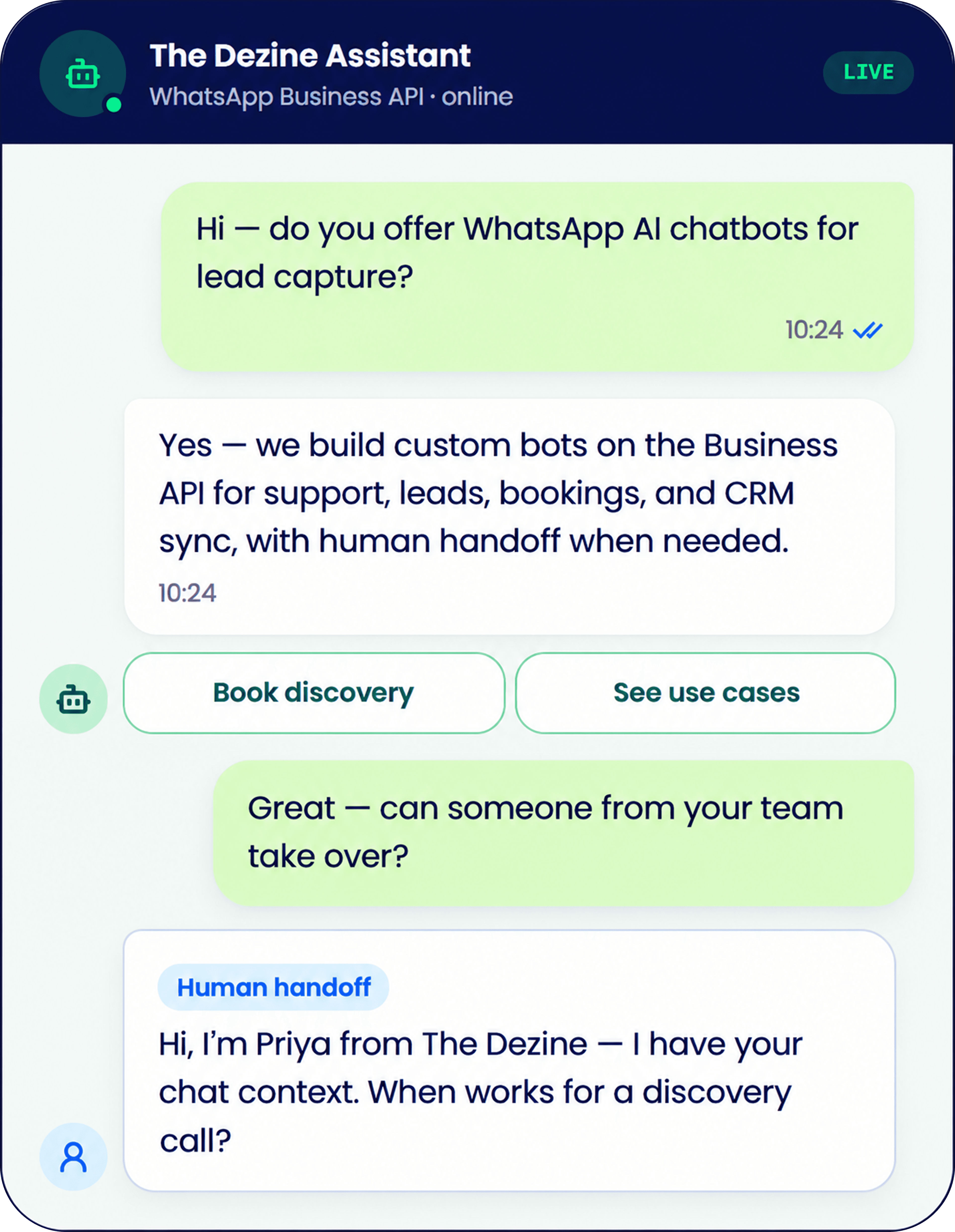 WhatsApp AI Chatbot live interface preview