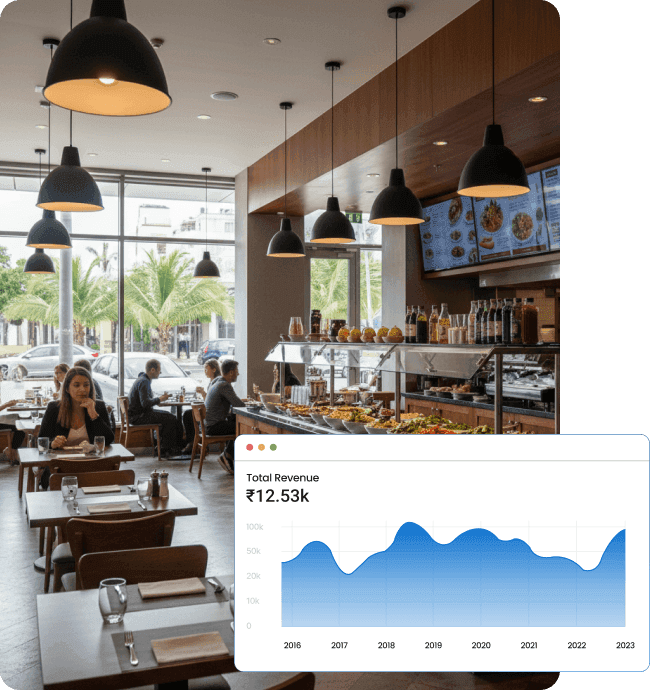 Restaurant scene with revenue chart